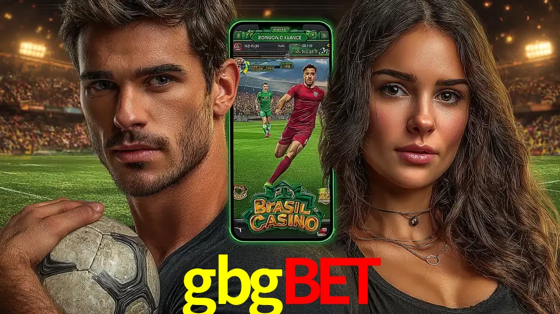 Homem segurando uma bola de futebol e uma mulher ao lado de um smartphone exibindo o jogo de apostas esportivas da gbgbet. Faça seu palpite no cassino online.